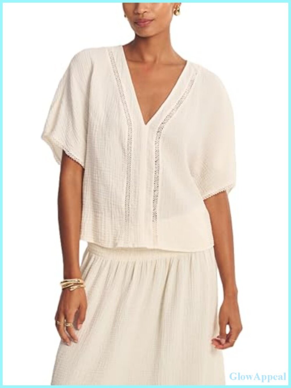 Cotton Gauze V-Neck Top Short Sleeve Pull On Blouse